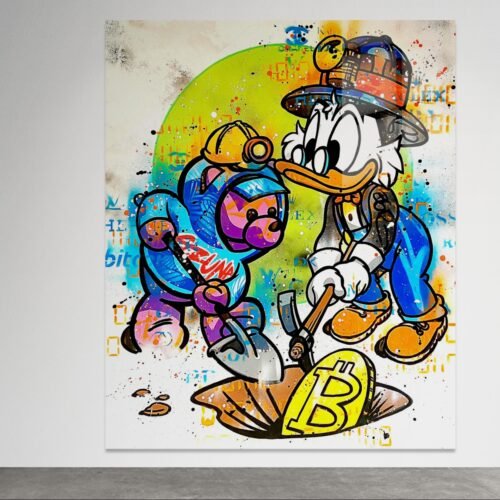 Pop art paveikslas su Donald Duck ir meškiuku kasančiais Bitcoin
