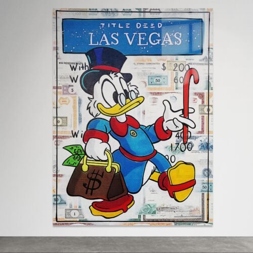 Pop art paveikslas su Scrooge McDuck ir Las Vegas fonu
