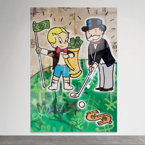 Pop art paveikslas su Monopoly ir Richie Rich personažais, žaidžiančiais golfą ant pinigų fono