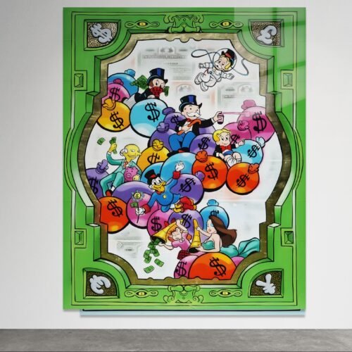 Pop art paveikslas su pinigų švente ir klasikinių personažų vakarėliu
