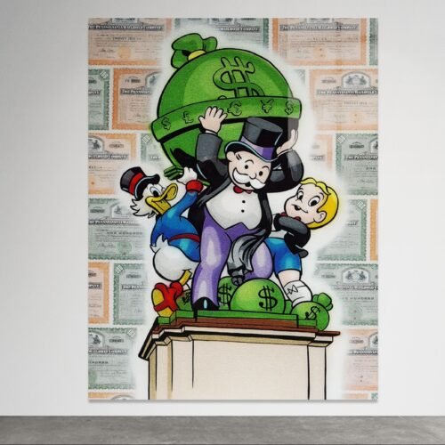 Pop art paveikslas su sendintu efektu ir turtuolių personažais