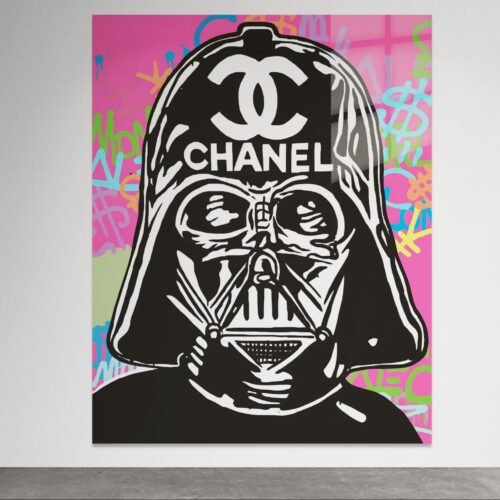 Pop art paveikslas Chanel Vader su juoda-balta Darth Vader kauke ir Chanel logotipu