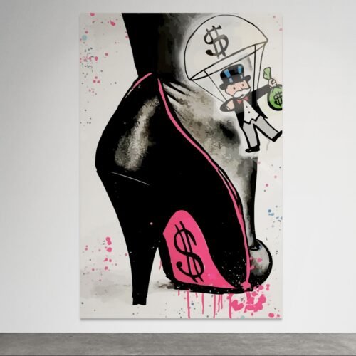 Pop art paveikslas su aukštakulniu ir Monopoly personažu