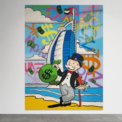 Pop art paveikslas ant metalo su Monopoly personažu Dubajuje