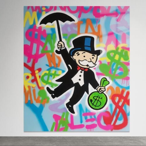 Pop art paveikslas ant metalo su Monopoly personažu ir pinigų maišu