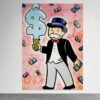 Pop art paveikslas ant metalo su Monopoly personažu ir piniginiais ledais