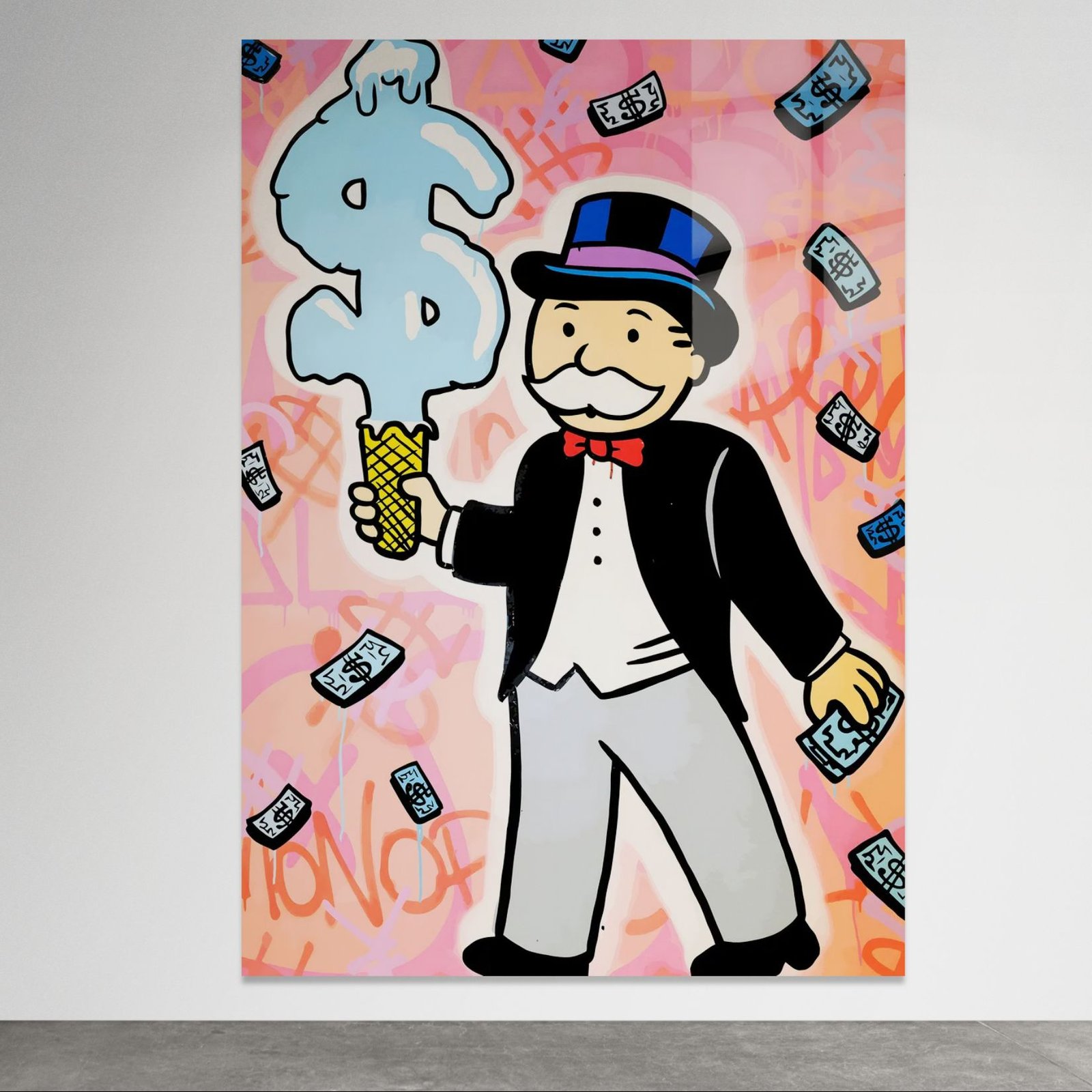 Pop art paveikslas ant metalo su Monopoly personažu ir piniginiais ledais