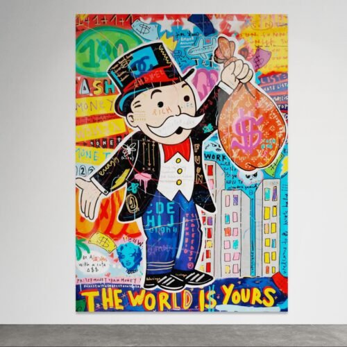 Pop art paveikslas ant metalo su užrašu „The World Is Yours“