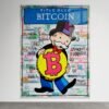 Pop art paveikslas ant metalo su Bitcoin moneta ir Monopoly veikėju