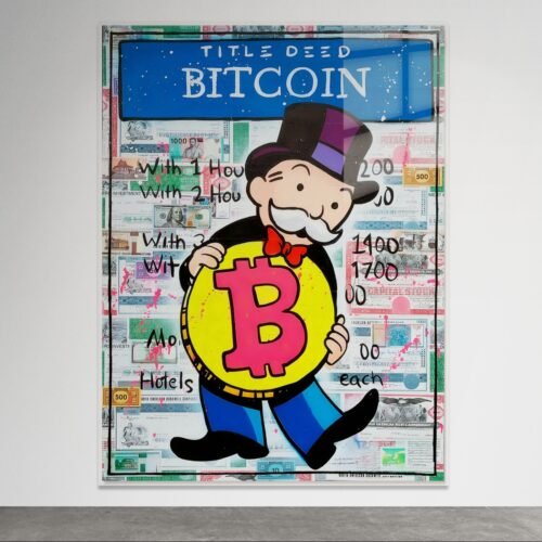 Pop art paveikslas ant metalo su Bitcoin moneta ir Monopoly veikėju