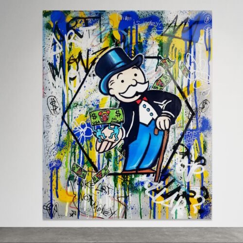 Pop art paveikslas ant metalo su Monopoly veikėju ir užrašu „Make Art Not Money“