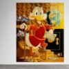 Pop art paveikslas su Scrooge McDuck ir aukso luitais, brangakmeniais bei doleriais