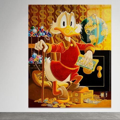 Pop art paveikslas su Scrooge McDuck ir aukso luitais, brangakmeniais bei doleriais
