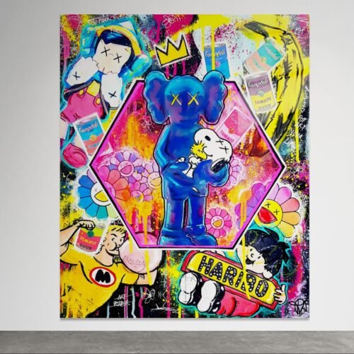 Spalvingas pop art paveikslas su KAWS, Snoopy, Pinokiu ir kitais pop kultūros herojais