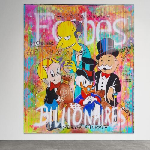 Pop art paveikslas su Scrooge McDuck, Monopoly vyruku ir kitais milijardieriais