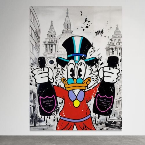 Pop art paveikslas su Scrooge McDuck laikančiu du Dom Perignon butelius