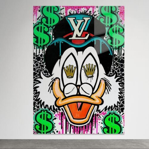 Pop art paveikslas su Scrooge McDuck, Louis Vuitton cilindru ir Rolex simboliais