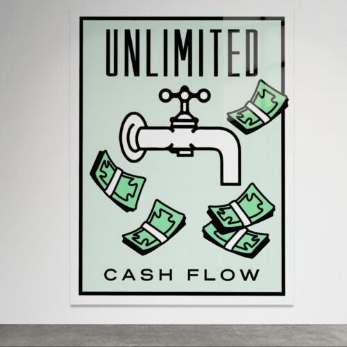 Minimalistinis pop art paveikslas su čiaupu ir krentančiais pinigais – Unlimited Cash Flow