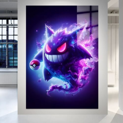 Gengar anime paveikslas ant metalo – purpurinė energija ir Pokemon dvasia | SublimateIt.lt