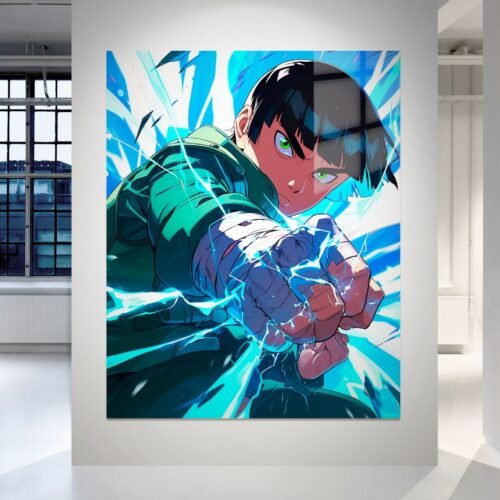 Rock Lee anime paveikslas ant metalo – HD spauda, žydros energijos efektai | SublimateIt.lt