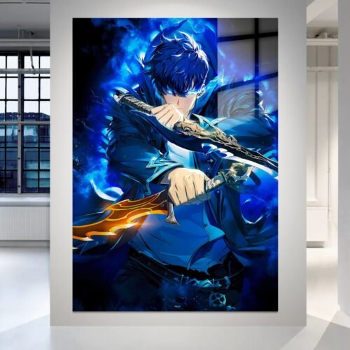Blue Flame Warrior anime paveikslas ant aliuminio – HD spauda ant metalo, vertikalus formatas | SublimateIt.lt