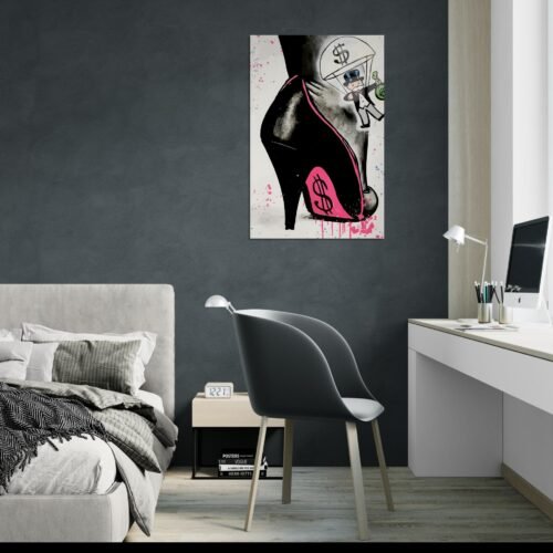 Pop art paveikslas su aukštakulniu ir Monopoly personažu