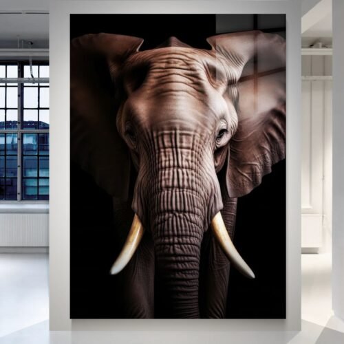 Dramblio portretas atspausdintas ant aliuminio metalo, juodas fonas