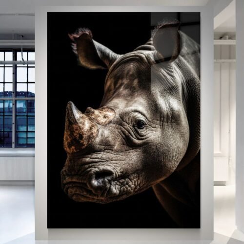 Rhino Noir Silent Power – raganosio paveikslas ant metalo juodame fone | SublimateIt.lt