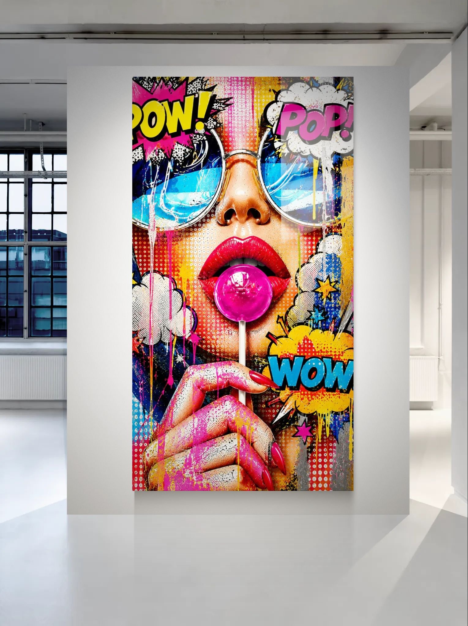 Ryškus Pop Art paveikslas ant aliuminio su komiksų stiliumi