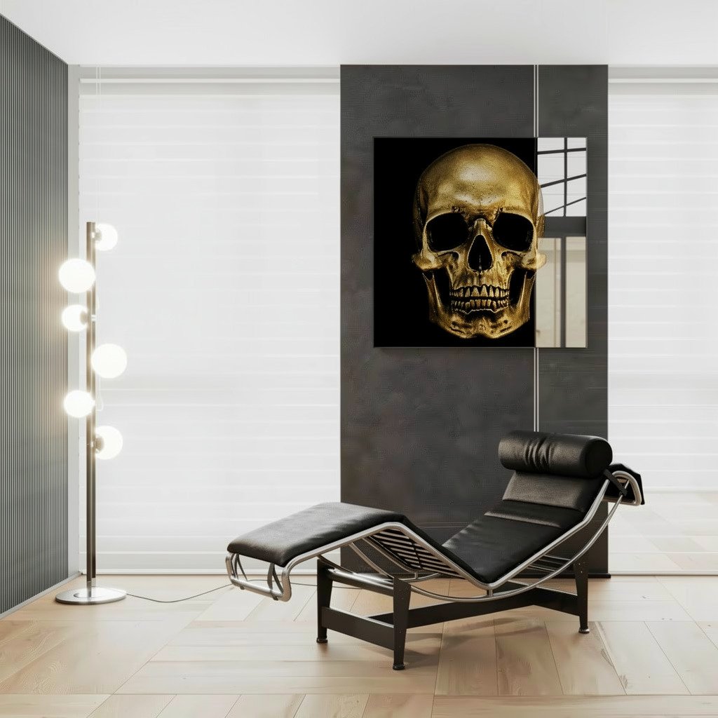 „GOLDEN MORTALITY“ – Auksinės kaukolės paveikslas ant aliuminio - Image 4